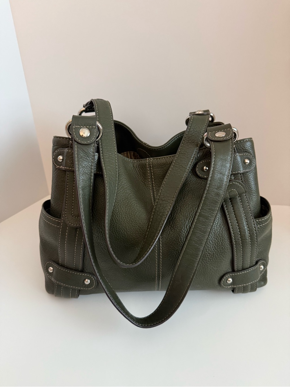 Clarks Olive Green Genuine Leather Shoulder Bag Tote Purse Silver Hardware